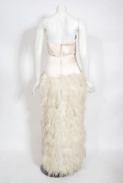 1960&#39;s Arnold Scaasi Couture Ivory Satin Feather Strapless Gown w/ Shawl