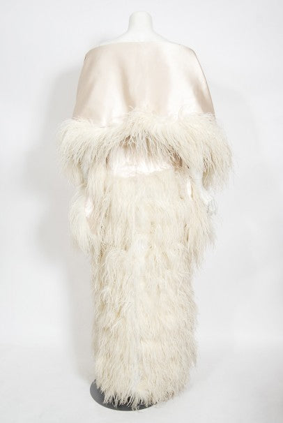 1960&#39;s Arnold Scaasi Couture Ivory Satin Feather Strapless Gown w/ Shawl