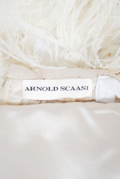1960&#39;s Arnold Scaasi Couture Ivory Satin Feather Strapless Gown w/ Shawl