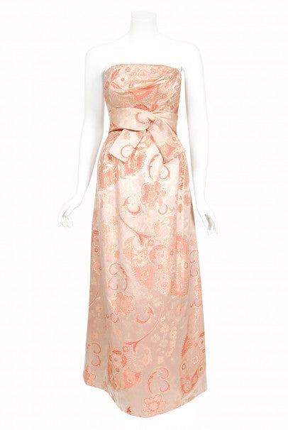 1963 Pierre Balmain Couture Documented Metallic Pink Silk Strapless Gown