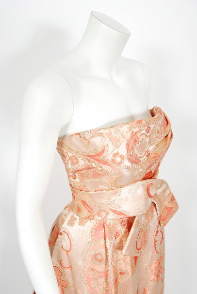 1963 Pierre Balmain Couture Documented Metallic Pink Silk Strapless Gown