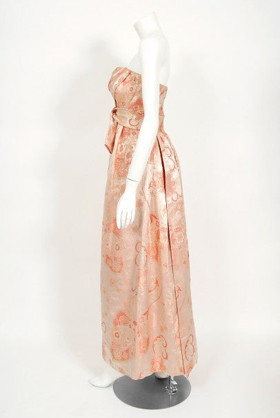 1963 Pierre Balmain Couture Documented Metallic Pink Silk Strapless Gown