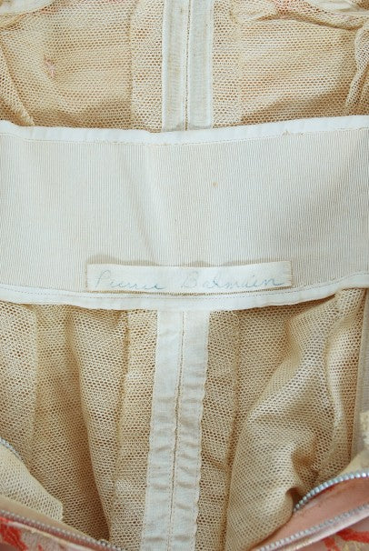 1963 Pierre Balmain Couture Documented Metallic Pink Silk Strapless Gown