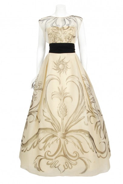 1950&#39;s Hattie Carnegie Couture Whimsical Hand Painted Cream Silk Gown