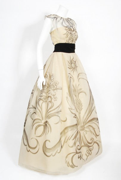 1950&#39;s Hattie Carnegie Couture Whimsical Hand Painted Cream Silk Gown