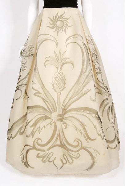 1950&#39;s Hattie Carnegie Couture Whimsical Hand Painted Cream Silk Gown