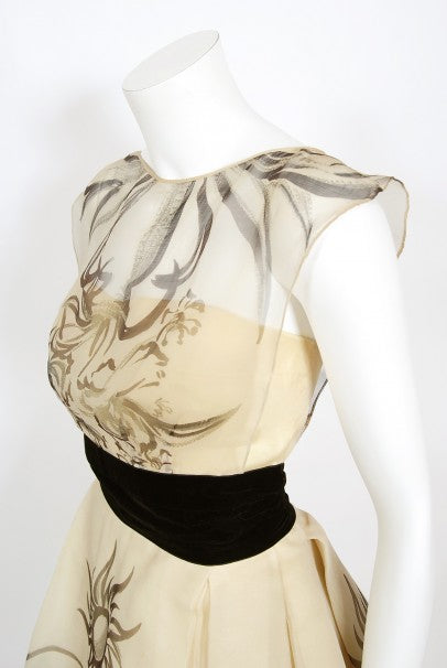 1950&#39;s Hattie Carnegie Couture Whimsical Hand Painted Cream Silk Gown