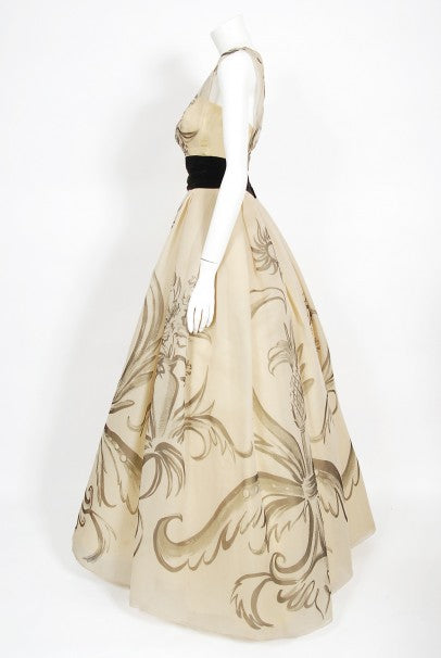 1950&#39;s Hattie Carnegie Couture Whimsical Hand Painted Cream Silk Gown