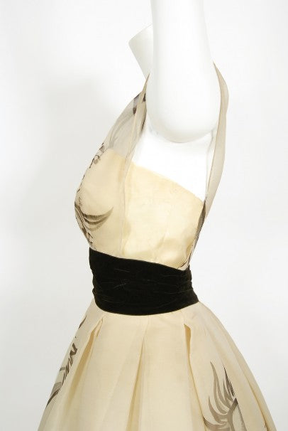 1950&#39;s Hattie Carnegie Couture Whimsical Hand Painted Cream Silk Gown
