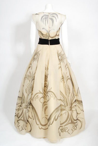 1950&#39;s Hattie Carnegie Couture Whimsical Hand Painted Cream Silk Gown
