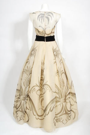 1950's Hattie Carnegie Couture Whimsical Hand Painted Cream Silk Gown