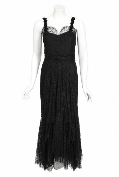 1930&#39;s Bonwit Teller Couture Scalloped Lace Appliqué Bias-Cut Gown