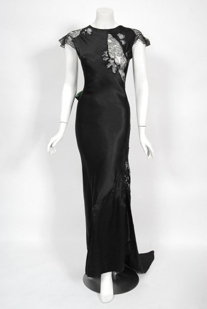 1930&#39;s Black Silk &amp; Sheer Lace Cut Outs Hourglass Bias-Cut Trained Gown