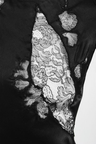 1930&#39;s Black Silk &amp; Sheer Lace Cut Outs Hourglass Bias-Cut Trained Gown