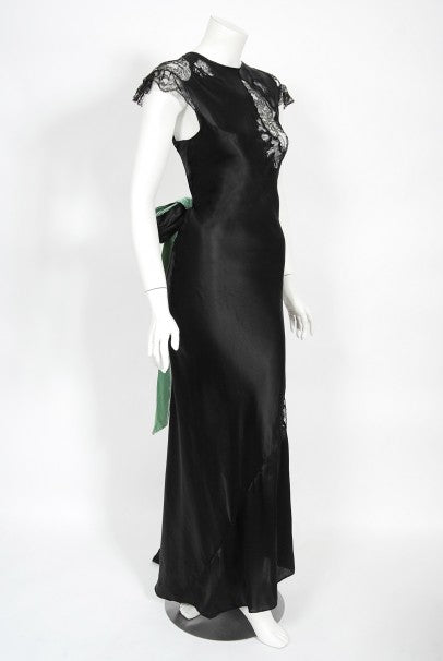 1930&#39;s Black Silk &amp; Sheer Lace Cut Outs Hourglass Bias-Cut Trained Gown