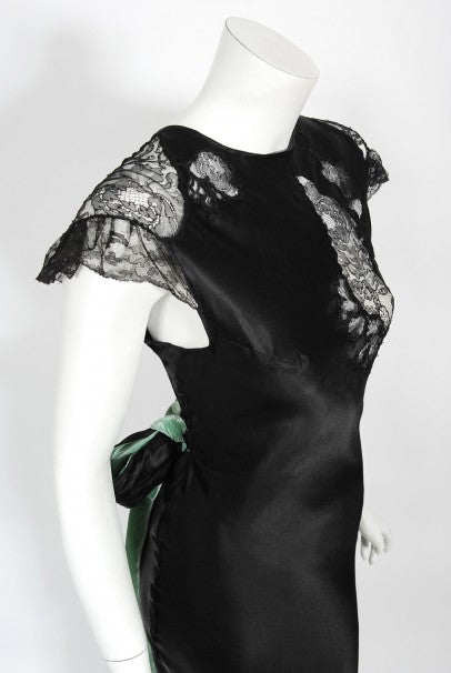1930&#39;s Black Silk &amp; Sheer Lace Cut Outs Hourglass Bias-Cut Trained Gown
