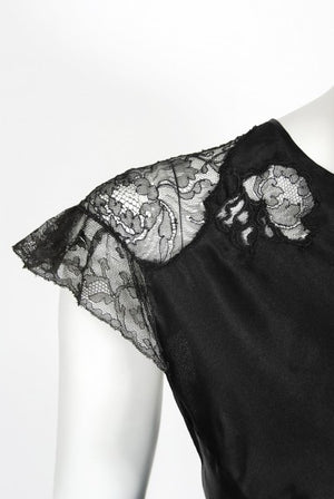 1930's Black Silk & Sheer Lace Cut Outs Hourglass Bias-Cut Trained Gown