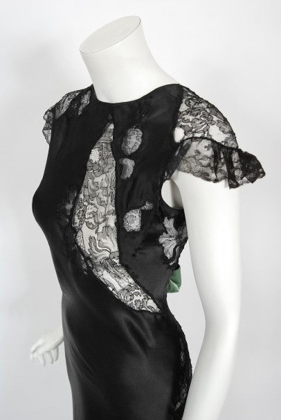 1930&#39;s Black Silk &amp; Sheer Lace Cut Outs Hourglass Bias-Cut Trained Gown