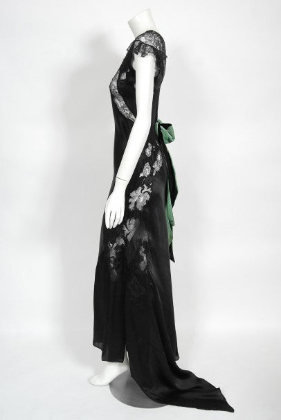 1930&#39;s Black Silk &amp; Sheer Lace Cut Outs Hourglass Bias-Cut Trained Gown