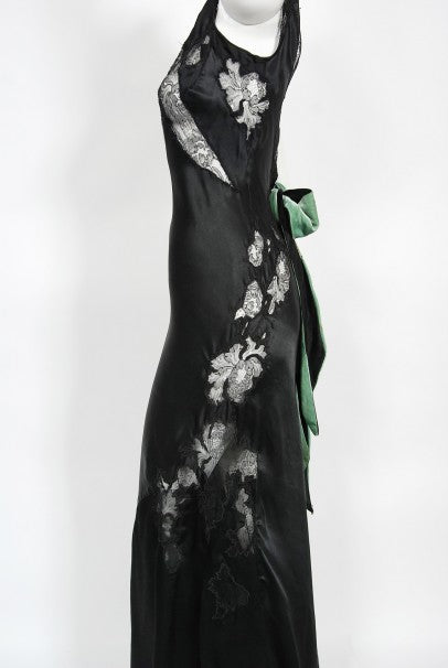 1930&#39;s Black Silk &amp; Sheer Lace Cut Outs Hourglass Bias-Cut Trained Gown