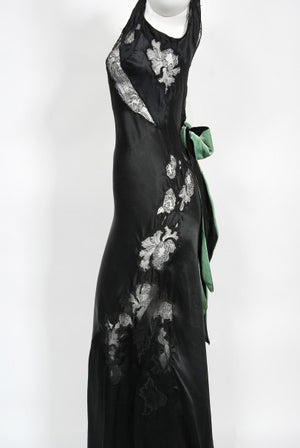 1930's Black Silk & Sheer Lace Cut Outs Hourglass Bias-Cut Trained Gown
