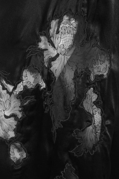 1930&#39;s Black Silk &amp; Sheer Lace Cut Outs Hourglass Bias-Cut Trained Gown