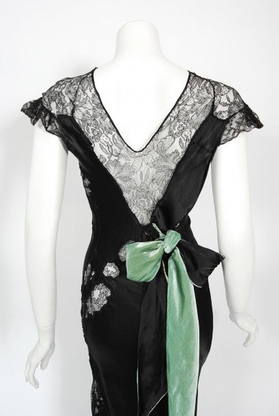 1930&#39;s Black Silk &amp; Sheer Lace Cut Outs Hourglass Bias-Cut Trained Gown