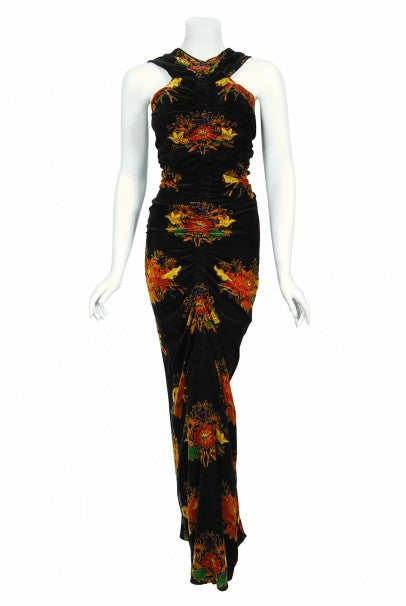 1930&#39;s Lewis Aronson Couture Floral Ruched Silk Velvet Bias-Cut Gown