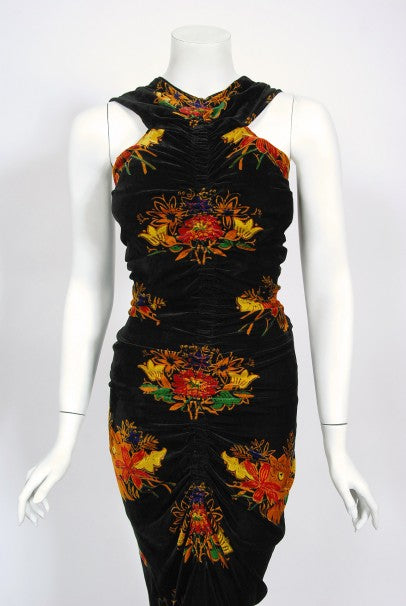 1930&#39;s Lewis Aronson Couture Floral Ruched Silk Velvet Bias-Cut Gown
