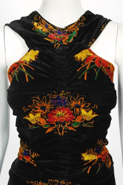 1930&#39;s Lewis Aronson Couture Floral Ruched Silk Velvet Bias-Cut Gown