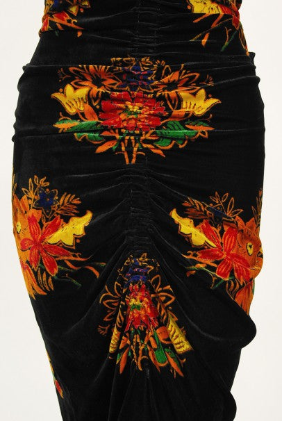 1930&#39;s Lewis Aronson Couture Floral Ruched Silk Velvet Bias-Cut Gown
