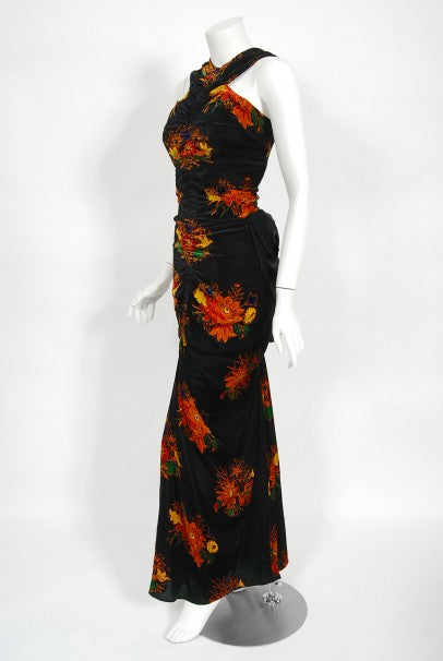 1930&#39;s Lewis Aronson Couture Floral Ruched Silk Velvet Bias-Cut Gown