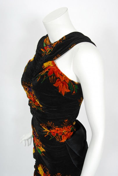 1930&#39;s Lewis Aronson Couture Floral Ruched Silk Velvet Bias-Cut Gown