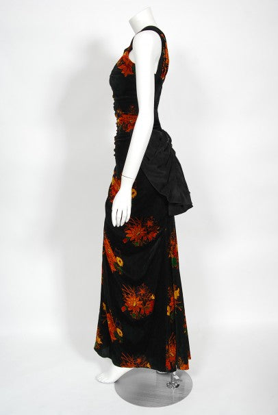 1930&#39;s Lewis Aronson Couture Floral Ruched Silk Velvet Bias-Cut Gown