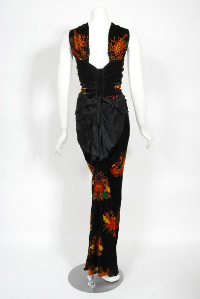 1930&#39;s Lewis Aronson Couture Floral Ruched Silk Velvet Bias-Cut Gown