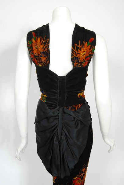 1930&#39;s Lewis Aronson Couture Floral Ruched Silk Velvet Bias-Cut Gown