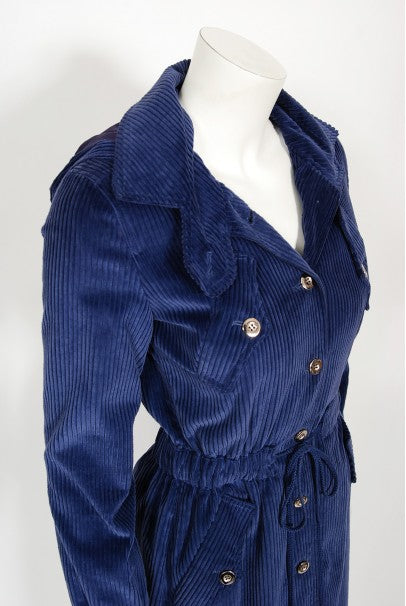 1970s Courrèges Navy Blue Corduroy Waist-Tie Detachable Hood Jacket Coat