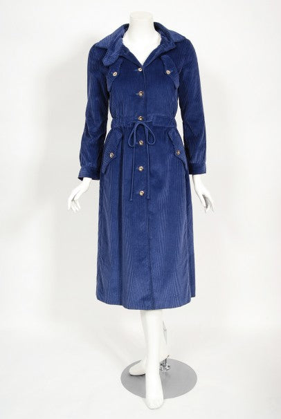 1970s Courrèges Navy Blue Corduroy Waist-Tie Detachable Hood Jacket Coat