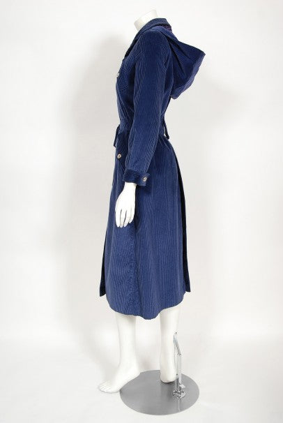 1970s Courrèges Navy Blue Corduroy Waist-Tie Detachable Hood Jacket Coat
