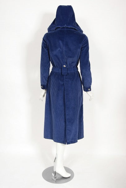 1970s Courrèges Navy Blue Corduroy Waist-Tie Detachable Hood Jacket Coat