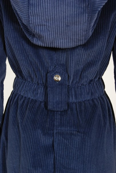 1970s Courrèges Navy Blue Corduroy Waist-Tie Detachable Hood Jacket Coat