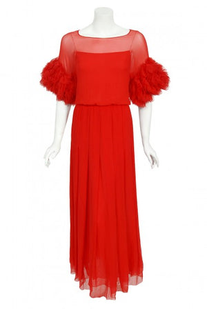 1984 Chanel by Karl Lagerfeld Runway Red Silk Chiffon Ruffle-Sleeve Gown