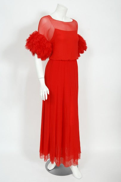 1984 Chanel by Karl Lagerfeld Runway Red Silk Chiffon Ruffle-Sleeve Gown