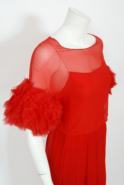 1984 Chanel by Karl Lagerfeld Runway Red Silk Chiffon Ruffle-Sleeve Gown
