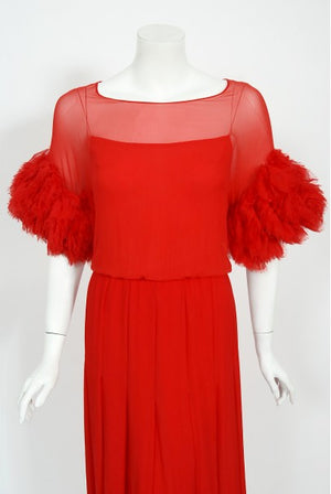 1984 Chanel by Karl Lagerfeld Runway Red Silk Chiffon Ruffle-Sleeve Gown