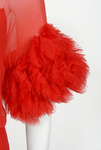 1984 Chanel by Karl Lagerfeld Runway Red Silk Chiffon Ruffle-Sleeve Gown