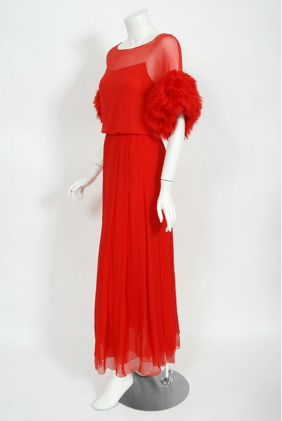 1984 Chanel by Karl Lagerfeld Runway Red Silk Chiffon Ruffle-Sleeve Gown