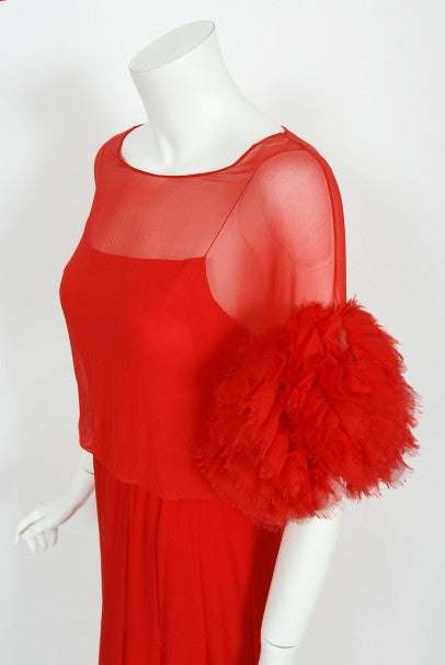 1984 Chanel by Karl Lagerfeld Runway Red Silk Chiffon Ruffle-Sleeve Gown