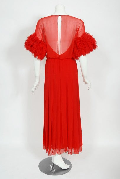 1984 Chanel by Karl Lagerfeld Runway Red Silk Chiffon Ruffle-Sleeve Gown
