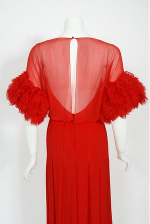 1984 Chanel by Karl Lagerfeld Runway Red Silk Chiffon Ruffle-Sleeve Gown